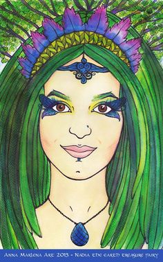 a drawing of a woman with green hair and purple flowers on her head, in front of