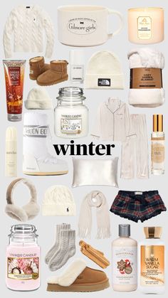 a collage of winter items including boots, sweaters, socks and other things