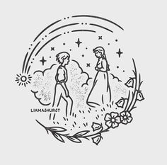 two people standing in front of a circle with stars and flowers on it, one person is