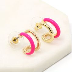 "❤️Bauble Sky Special Offer❤️ ▪️All Order 10% OFF ▪️Free Shipping Over $35 (USA domestic only) [Enamel Colored Double Hoop Earrings]  : Introducing our Neon-Colored Enamel Colored Double Hoop Earrings! These stylish hoops feature a sleek and minimalist design, with a twist of neon or solid color accent on one side. The vibrant pop of color adds a chic and contemporary touch to your look, making these earrings perfect for those who crave a unique and trendy style. Upgrade your wardrobe with these Pink Small Hoop Metal Earrings, Pink Small Hoop Earrings In Metal, Small Hoop Pink Metal Earrings, Playful Pink Hoop Earrings Gift, Playful Multicolor Hoop Jewelry, Green Enamel Hoop Jewelry, Double Hoop Earring, Pink Enamel Hoop Earrings, Multicolor Enamel Hoop Earrings