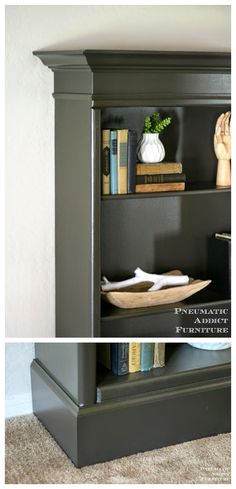 the before and after of an old bookcase makeover with chalk paint in dark gray