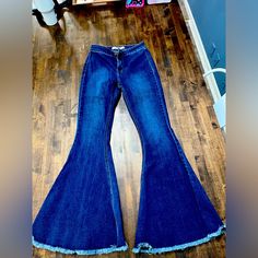 Worn Once For A Bachelorette Party. Great Shape Practically Brand New. Embroidered Bell Bottoms, Festival Stretch Denim Jeans, Stretch Denim Jeans For Festival, Fall Festival Denim Flare Jeans, Blue Flare Jeans For Summer Festival, Blue Flare Jeans For Festival, Medium Wash Jeans For Night Out In Spring, Fitted Blue Flare Jeans With Frayed Hem, Fitted Bottoms With Frayed Hem For Party