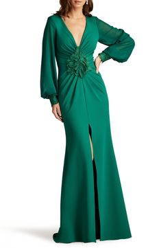 Tadashi Shoji Floral Detail Long Sleeve Crepe Chiffon Gown | Nordstrom Emerald Green Gown, Designer Formal Dresses, Pleated Gown, Crepe Gown, Green Gown, Lace Cuffs, American Fashion Designers, Floor Length Gown, Tadashi Shoji