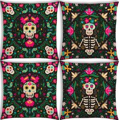 four pillows with colorful skulls and flowers on black background, each decorated with an image of a skeleton