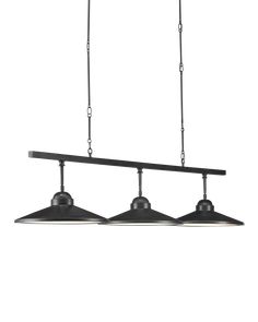 three lights hanging from the ceiling in an industrial style kitchen island light with black metal fixtures