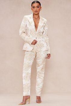 Available In Champagne And Blue/combo. Embroidered Pant Set Single Button Blazer Notched Collar Front Pockets Lined Straight Pant Zipper And Hook Closure Non Stretch Shell: 100% Polyester Lining: 95% Polyester 5% Spandex Imported | Annika Satin Suit Set in Champagne size Large by Fashion Nova Womens Wedding Pant Suits Brides, Womens Off White Pant Suit, White Suits For Women Gala, Luxury Semi-stitched Unstitched Suit For Reception, Luxury Spring Evening Pant Set, Pants Suite Wedding Dress, Bridal Dress Suits For Women, Luxury Wedding Bottoms For Festive Occasions, Wedding Suits For Women Brides Classy