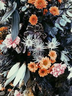 an arrangement of flowers and leaves in the middle of a planter filled with foliage