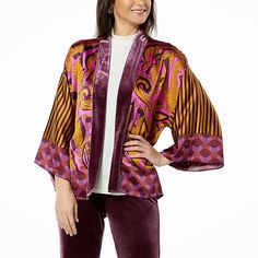 IMAN Global Chic Mixed Media Kimono Topper  Add a layer of luxury with this sophisticated open-front cardigan from Iman. Draped Fabric, Open Front Cardigan, Jeans And Boots, Color Combinations, Fashion Clothes Women, Really Cool Stuff, Berry, Knitted Sweaters, Mixed Media