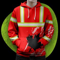 Hi Vis Hoodie Reflective Tapes Red Neon Canada Flag Custom Name Red Neon, Reflective Tape, Canada Flag, Custom Name, Flag, Neon, Red