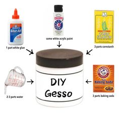 the ingredients for diy gesso are labeled in black and white, along with instructions on how to use it