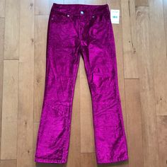 Size: 24 Color: Fuchsia Condition: New W/ Tags Style: Cropped Slightly Flared Velvet Pants With Zip Front And Button Closure. Back Pockets, Plenty Of Stretch And A Beautiful Color! Please Reach Out W/ Any Questions! Purple Straight Leg Pants For Fall, Fall Purple Straight Leg Bottoms, Purple Straight Leg Bottoms For Fall, Fall Purple Straight-leg Bottoms, Fitted Wide Leg Purple Bottoms, Purple Jeans For Spring, Purple Straight Pants For Fall, Fall Purple Trousers, Purple Full-length Jeans For Spring