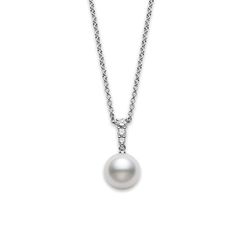 Mikimoto's Morning Dew collection sets an enchanting tone with your style whenever you wear this amazing pendant. The ethereal glow of an 11mm South Sea pearl is highlighted by the sparkle of bright diamonds that are set in the bail, and this fabulous pendant floats beautifully along the up to 18" of adjustable 18kt white gold link chain. Let Mikimoto enhance your look with a stunning diamond and pearl pendant. Classic Diamond Necklaces With Detachable Pendant, Elegant White Diamond Necklace With Sparkling Stones, Classic White Necklace With Pave Setting, Modern White Jewelry With Sparkling Stones, Timeless White Gold Diamond Necklace With Pearl Pendant, White Pave Setting Round Pendant Necklace, Classic White Diamond Necklace With Sparkling Stones, Elegant White Diamond Necklace With Accents, Dazzling White Diamond Pendant Necklace