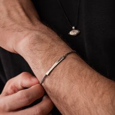 "A sterling silver bracelet with an ID scratched bar for men in black oxidized silver and curb chain. This dainty cuban link chain bracelet is 100% made by hand and it is an excellent choice for a personalized best man gift  for him. DETAILS * Metal: High Quality Sterling Silver 925 * Finish: Black Oxidized * Bar Dimensions: 40mm x 4mm * Length: 7.5 -9 inches  100% nickel free. Delivered in an elegant gift package. SHIPPING All orders are shipped via FedEx Express for speed and security (deliver Minimalist Oxidized Bracelets For Everyday, Everyday Minimalist Oxidized Bracelets, Silver Minimalist Tarnish Resistant Name Bracelet, Bar Dimensions, Mens Chain Bracelet, Best Man Gift, Bar Bracelet, Silver Chain Style, Bracelet Men