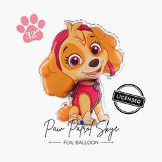 the paw patrol skye foil balloon is shown in front of a white background with an orange dog