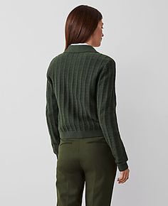 Elevate your wardrobe with the Ann Taylor Collared Stitched Jacket, a testament to sophistication and versatility. This hunter green jacket is perfect for women who appreciate both style and comfort.

- Size: XL (Regular fit)
- Color: Hunter's Green
- Material: 49% Cotton, 27% Nylon, 24% Polyester
- Gender: Female
- Features: Point collar, long sleeves, button front, button welt pockets
- Care Instructions: Machine washable

Designed to be worn buttoned or unbuttoned, this jacket boasts a richly Lapel Collar Cardigan With Button Closure For Fall, Button-up Polo Sweater For Fall, Button-up Polo Sweater With Buttons For Fall, Fall Cardigan With Button Closure And Lapel Collar, Collared Sweater With Pockets For Work, Collared Sweater With Button Cuffs For Work, Textured Knit Sweater Coat For Workwear, Fitted Polo Sweater With Buttons For Fall, Collared Business Casual Cardigan For Fall