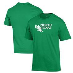 Represent your North Texas Mean Green with pride in the Champion Kelly Green North Texas Mean Green Primary Jersey T-Shirt. This cotton jersey tee features double-needle stitching for durability, an embroidered logo, and printed graphics that proudly display your Mean Green spirit. The ribbed collar adds a touch of comfort, making this t-shirt perfect for game day or any day you want to show your support for the North Texas Mean Green. Collegiate Short Sleeve T-shirt, Short Sleeve T-shirt With Embroidered Graphics For College, Sporty T-shirt With Embroidered Graphics For Game Day, Cotton T-shirt With Logo Print For Sports Season, Collegiate Embroidered Crew Neck T-shirts, Collegiate Short Sleeve Team-colored T-shirt, Collegiate Cotton T-shirt With Embroidered Graphics, Team-colored Tops With Embroidered Graphics For Fans, Team-colored Cotton Tops With Embroidered Graphics