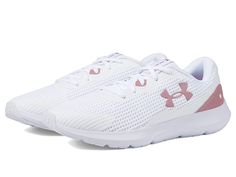 Under Armour Surge 3 - Women's Shoes : White/Pink Elixir/Pink Elixir : Look sporty and stylish wearing the Under Armour Surge 3 Shoes. Textile and synthetic upper. Textile lining and insole. Lightweight and breathable. Round toe silhouette. Lace-up closure. Synthetic outsole. Imported. Double button pull through stud closure. Under Armour Sporty Slip-on Sneakers, Under Armour Low-top Athletic Running Shoes, Under Armour Athletic Fit Low-top Running Shoes, White Functional Running Shoes With Studded Outsoles, Sporty Running Shoes With Studded Rubber Outsoles, Athleisure Sneakers With Slip-resistant Round Toe, Breathable Mesh Synthetic Walking Shoes With Round Toe, Low-top Walking Shoes With Studded Rubber Outsoles For Jogging, Casual Slip-on Walking Shoes With Studded Outsoles