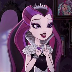 the evil queen from disney's sleeping beauty is holding her hair in one hand