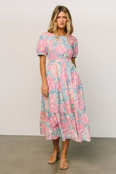 Pink Mid-length Maxi Dress For Spring, Modest Pink Midi Dress For Garden Party, Spring Pink Midi Dress With Smocked Back, Modest Pink Midi-length Dress, Modest Pink Midi Length Dress, Pink Midi Dress With Smocked Back For Daywear, Modest Pink Midi Dress For Summer, Pink Floral Print Knee-length Midi Dress, Pink Midi Dress For Garden Party