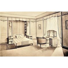 a drawing of a bedroom with a bed and desk