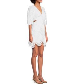 Adelyn Rae Lace V Neckline 3/4 Sleeve Cut Out Tiered Mini Dress | Dillard's Chic Fitted Mini Dress With Cutwork Hem, Summer Knee-length Mini Dress With Lace Sleeves, Lace Dress With 3/4 Sleeves And Lace Trim, Short Sleeve Mini Dress With Lace Sleeves For Brunch, Chic Lace Mini Dress With Cutwork Hem, Spring Dress With Lace Sleeves And Half Sleeve, Spring Lace Dresses With Half Sleeves, V-neck Mini Dress With Lace Sleeves For Brunch, Spring Lace Dress With Half Sleeves