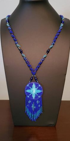 Hand-made Beaded Necklace  -Czech beads (dark & light blue, gold)