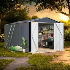 a small shed sitting on top of a lush green field