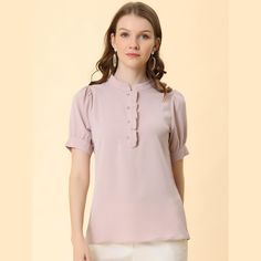 Made of soft chiffon, this blouse from Allegra K draws on a simple aesthetic with feminine touches. With a solid hue and classic fit, this short-sleeve shirt is a good choice for an effortless warm-weather style. Style it perfectly with your favorite high heels and trousers for a chic look. This henley shirt boasts a classic look with a modern design made specifically for comfort and style. Ruffle Shirts Blouses, Top Puff Sleeve, Ruffled Shirt, Office Top, Peter Pan Collar Blouse, Cuffed Top, Women's Blouses, Ruffle Shirt, Puff Sleeve Blouse