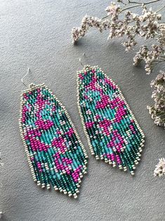 Turquoise Pink Beaded Earrings Fringe Seed Bead Earrings - Etsy Ukraine Colorful Round Beaded Sterling Silver Earrings, Colorful Beaded Earrings In Sterling Silver, Colorful Sterling Silver Beaded Earrings, Sterling Silver Beaded Earrings With Colorful Beads, Colorful Beaded Sterling Silver Earrings As Gift, Pink Sterling Silver Beaded Earrings, Colorful Beaded Sterling Silver Earrings For Gift, Sterling Silver Beaded Earrings For Gift, Bohemian Pink Sterling Silver Earrings