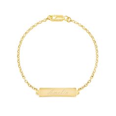 Engrave a name or message on the front and back on the gold bar charm on this bracelet. The bracelet is 7 inches long with a rolo chain. Nameplate Bracelet, Family Tree Necklace, Bar Bracelet, Fun Jewelry, Bar Bracelets, Rose Gold Bracelet, Silver Bars, Hearts Desire, Kids Jewelry