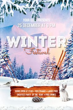 the winter festival flyer is shown with snow covered trees and skis on display in front of it