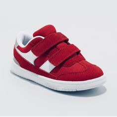 New With Tags Red Velcro Toddler Boy Sneakers Red Canvas Shoes For Sports, Red Sporty Canvas Shoes For Sports, Red Round Toe Canvas Shoes, Red Canvas Shoes For Sports With Round Toe, Red Canvas Shoes With Round Toe For Sports, Red Synthetic Sneakers For School, Red Non-slip Closed Toe Sneakers, Red Synthetic Closed Toe Sneakers, Red Non-slip Sneakers For School