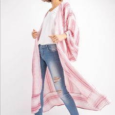 Linen Pink / White Kimono Striped Long Sleeve Outerwear With Relaxed Fit, Striped Relaxed Fit Long Sleeve Outerwear, Trendy Long Relaxed Fit Outerwear, White Cotton Summer Outerwear, Trendy Cotton Outerwear With Open Front, Chic Long White Outerwear, White Open Front Kimono For Spring, Chic Fall Kimono For Daywear, Long Pink Summer Outerwear