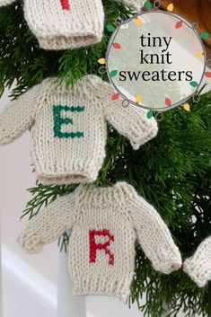 knitted sweaters hanging from a christmas tree with text overlay that says tiny knit sweaters