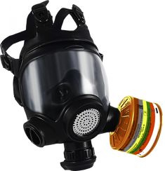 a black gas mask with an orange and yellow ring around it's mouth on a white background