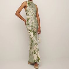 New, Never Worn Reformation Sage/ Tarragon Anaiis Silk Dress, Size 6. Was For A Wedding But There Was A Change In Bridesmaids Dresses And I Was Past The Return Date For Reformation Link To Dress: Https://Www.Thereformation.Com/Products/Anaiis-Silk-Dress/1314547tav.Html?Dwvar_1314547tav_color=Tav Sleeveless Fitted Evening Dress For Garden Party, Fitted Sleeveless Evening Dress For Garden Party, Elegant Long Evening Dress With Floral Print, Elegant Sheath Maxi Dress With Floral Print, Silk Floral Print Dress For Wedding Guest, Elegant Silk Evening Dress For Garden Party, Elegant Long Floral Print Evening Dress, Elegant Green Gown For Garden Party, Spring Silk Evening Dress For Banquets