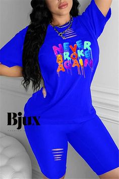 Bjux - Elegante conjunto de camiseta y pantalón corto en rosa con letras estampadas Casual Blue Letter Print Sets, Blue Short Sleeve Sets With Letter Print, Blue Summer Sets With Letter Print, Summer Blue Sets With Letter Print, Blue Letter Print Summer Sets, Trendy Blue Short Sleeve Sets, Blue Sets With Graphic Print And Relaxed Fit, Multicolor Crew Neck Sets With Letter Print, Summer Graphic Print Crew Neck Sets