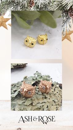 With their delicate details and shiny gemstone eyes, these charming owl stud earrings are a hoot! - Gold with black onyx or rose gold with white topaz - 14 kt gold or rose gold plating over a pure brass core, with clear resin coating - Hypoallergenic and nickel-free - Ethically handmade in India - Ash & Rose exclusive