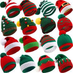 a collection of knitted christmas hats and mittens