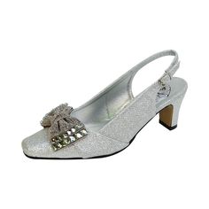 FLORAL Megan women's extra wide width evening dress pump complements well with any formal or fancy attire. This ladies 2" mid-heel slingback with an elegant jeweled decorated bow on a closed toe front and a stunning metallic glitter upper creates a style and look that fits perfectly for those fashion events. Features: Extra Wide Width (E) Synthetic Rubber Sole 2" Mid-Heel Metallic Flower Bow Maximum Traction Outsole Questions? Contact Us Anytime Wide Width Heels, Fancy Attire, Fashion Events, Wedding Shoes Heels, Wide Width Shoes, Slingback Shoes, Glitter Bow, Silver Shoes, Pump Dress