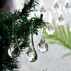 three drops of water hanging from a christmas tree