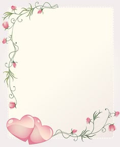 two pink hearts with vines and flowers on a white card or banner template for valentine's day