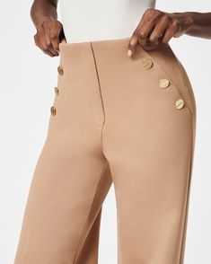 Workwear, perfected. Crafted from smoothing premium ponte fabric, this machine-washable wide-leg pant features a comfortable pull-on design and decorative gold buttons. Plus, it’s designed to shape your core, lift your butt and help you look your absolute best. Designed to hit at your natural waist Relaxed fit with leg lengthening wide leg Inseams: Petite 30” (recommended for 5’4” and under), Regular 32.5", Tall 35" (recommended for 5’9” and above) Full length (perfect to wear with a 3-4" heel) Cheap Fitted Work Pants For Office, Cheap Stretch Work Pants For Business Casual, Affordable Fitted Dress Pants For Workwear, Cheap Dress Pants For Work With Pockets, Luxury Fitted Tapered Leg Work Pants, Luxury Full-length Pants With Button Closure, Affordable Classic Bottoms For Business, Luxury Ankle-length Pants With Button Closure, Cheap Classic Fitted Bottoms