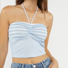 New With Tags/ Unopened: Forever 21 Light Blue And White Striped Halter Crop Top A Knit Halter Top Featuring A Self-Tie Neck Closure, Mixed Striped Pattern, Ruched Detail At The Bust, And A Cropped Hem. **Bundle And Save** Size M Material: 100% Cotton Halter Crop Top, Halter Top, Forever 21, Blue White, Crop Top, Light Blue, Blue And White, Blue, White