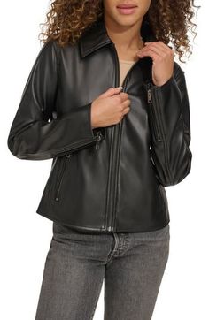 This sporty zip-front jacket is updated in a deep forest hue and crafted from sleek faux leather. 20" length Front zip closure Spread collar Long sleeves with zip cuffs Side zip pockets Water-resistant Lined 100% polyurethane Machine wash, tumble dry Imported Sleek Fall Outerwear With Zip Fly, Fall Faux Leather Jacket With Zipper Closure, Levi's Leather Jacket For Fall, Levi's Fitted Leather Jacket, Fitted Leather Jacket With Zip Cuffs For Fall, Sleek Biker Jacket With Zipper Closure For Fall, Sleek Biker Jacket With Zipper For Fall, Levi's Fall Outerwear With Zipper Closure, Levi's Outerwear With Zipper Closure For Fall