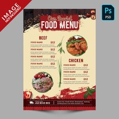 a restaurant menu with food items on the front and side, including meats and vegetables