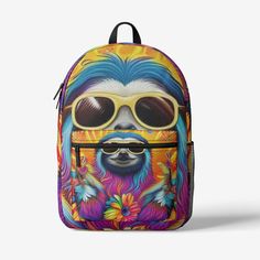 Emerald Blossoms - Retro Colorful Cool Sloth Wears Glasses Backpack Introducing Emerald Blossoms Classic Full Color Print Trendy Backpack, where classic meets vibrancy in a kaleidoscope of color. This backpack is more than just a fashion statement; it's a picture of nostalgia and style. Featuring the iconic Cool Sloth Wears Glasses design, inspired by psychedelic art and crafted for the free-spirited hippie in you. Carry your essentials in quirky sophistication and embrace the fusion of classic charm and contemporary cool. ORGANIZATION MADE EASY – Simple design & convenient, 2 large spacious compartments with an internal 15” laptop sleeve, zippered front mesh & utility pocket & a side water bottle holder RELIABLE & COMFORTABLE BACKPACK – The Big Campus is constructed with durable fabric, z Fun Multicolor Backpack For Travel, Trendy Multicolor Softback Backpack, Multicolor Summer School Backpack, Multicolor School Backpack For Summer, Fun Multicolor Standard Backpack, Summer Adjustable Backpack, Adjustable Multicolor Backpack For School, Adjustable Multicolor School Backpack, Trendy Multicolor Backpack