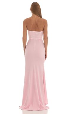 Moravia Satin Corset High Low Crepe Maxi Dress in Pink | LUCY IN THE SKY Pink Satin Prom Dress, Light Pink Prom Dress, Hoco Dresses Long, Crepe Maxi Dress, Prom Dress Inspo, Prom Dresses Simple, Trendy Prom Dresses, Fabric Skirt, Senior Prom Dresses