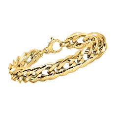 Ross-Simons - Italian 14kt Yellow Gold Fancy-Link Bracelet. 7.5". A sophisticated design that will uplift looks of any occasion, this fancy-link bracelet was crafted in Italy of 14kt yellow gold. Guaranteed to lead a lifetime of style. Fashioned with a polished finish, the sleek links emit a radiant shine. Lobster clasp, 14kt yellow gold fancy-link bracelet. Gold Curb Chain Bracelets For Formal Occasions, Formal Gold Charm Bracelet, Formal Cuban Link Metal Bracelets, Anniversary Gold Bracelet With Solid Link Construction, Formal Cuban Link Metal Bracelet, Formal Gold Cuban Link Bracelet With Polished Finish, Formal Gold Curb Chain Link Bracelet, Formal Gold-tone Curb Chain Bracelet, Formal Cuban Link Chain Bracelet With Polished Finish