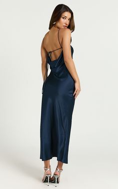 Lacie Midi Dress - V Neck Leg Split Low Back dress in Navy | Showpo USA Navy Blue Silk Dress Long, Navy Blue Backless Dress, Navy Silk Prom Dress, Blue Silk Dress Long, Prom Dress Silk, Navy Blue Silk Dress, Navy Slip Dress, Navy Satin Dress, Formal Dance Dresses